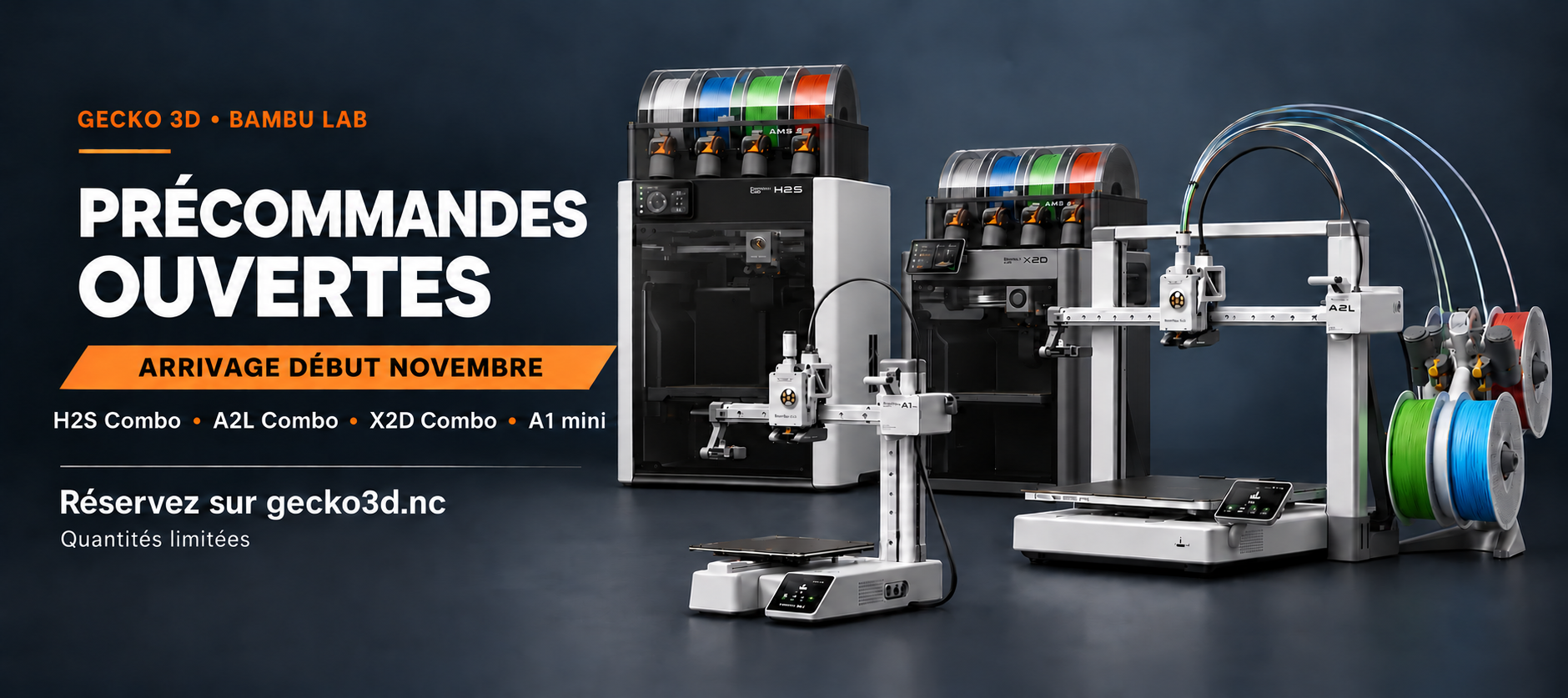 Précommandes Bambu Lab ouvertes — H2S Combo, A2L Combo, X2D Combo et A1 mini — arrivage début novembre